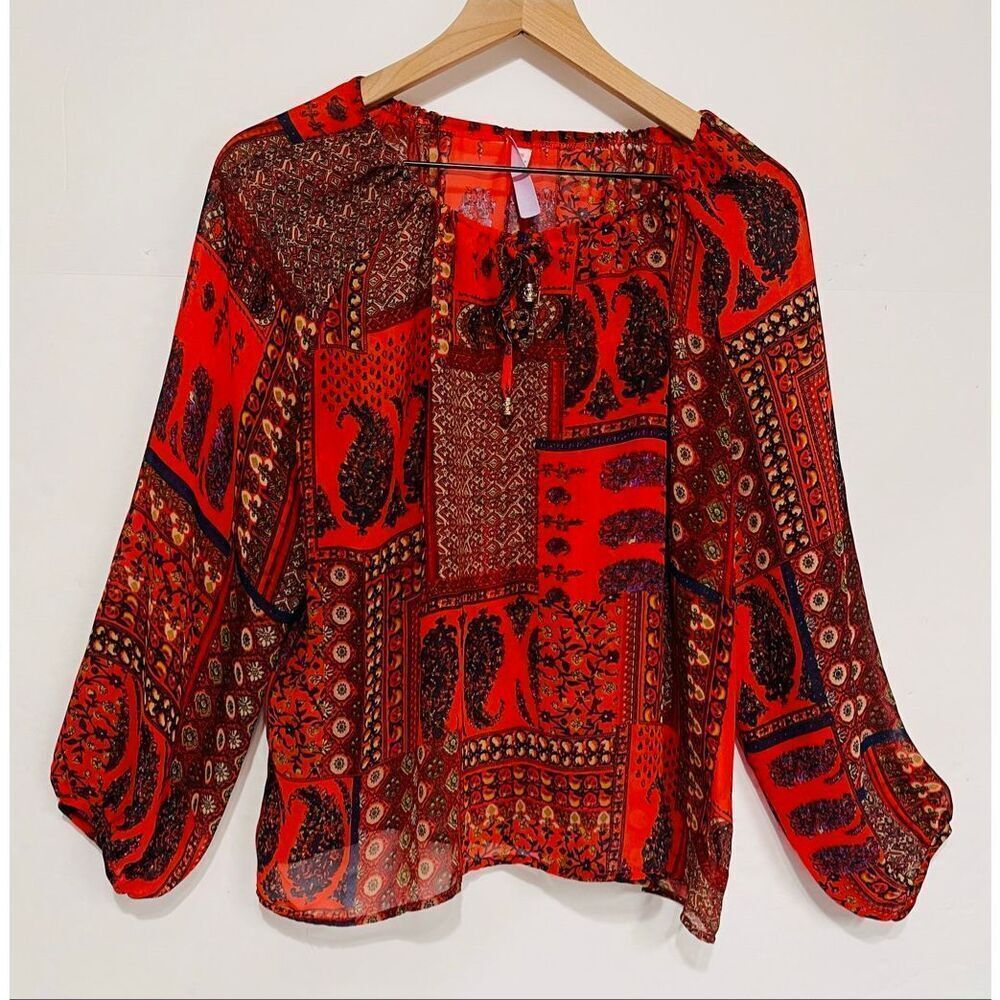 Alya Sheer Red Paisley Boho Top   Size M